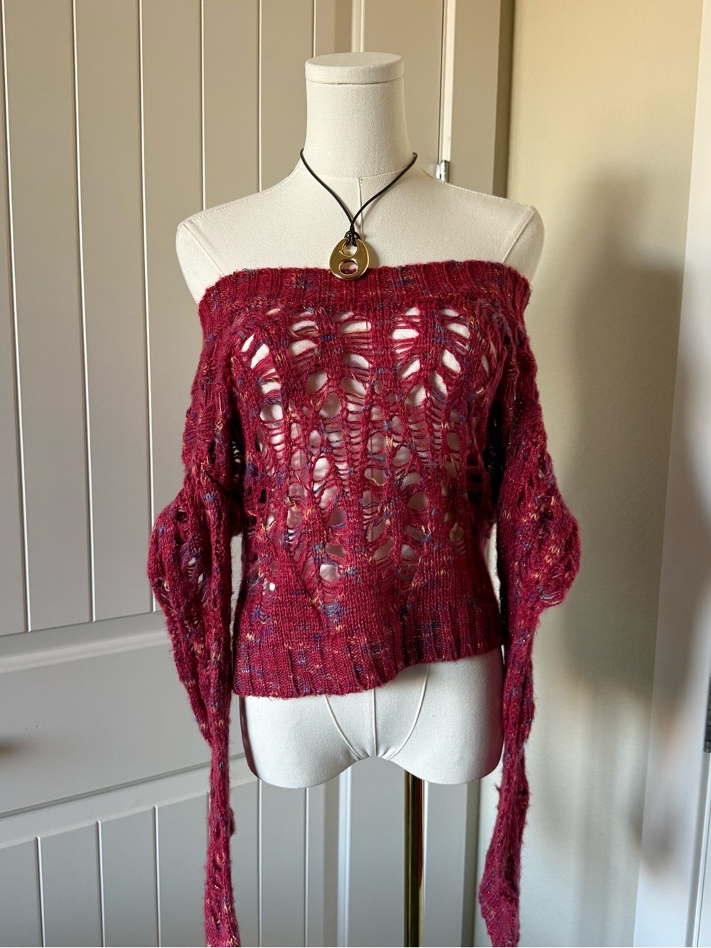 Say What Off-Shoulder Open Knit Burgundy Women’s Sweater
